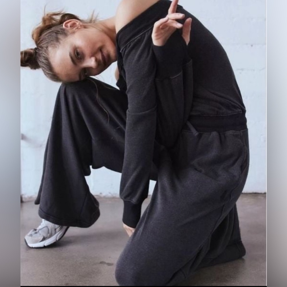 Free People Wide Leg Sweatpants in Charcoal Black